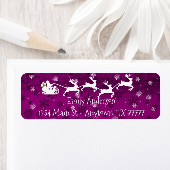 Magenta Santa's Sleigh and Reindeer Address Label (Insitu)