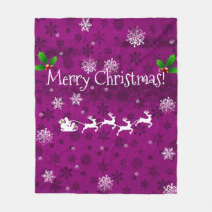 Magenta Santa's Sleigh and Reindeer Fleece Blanket