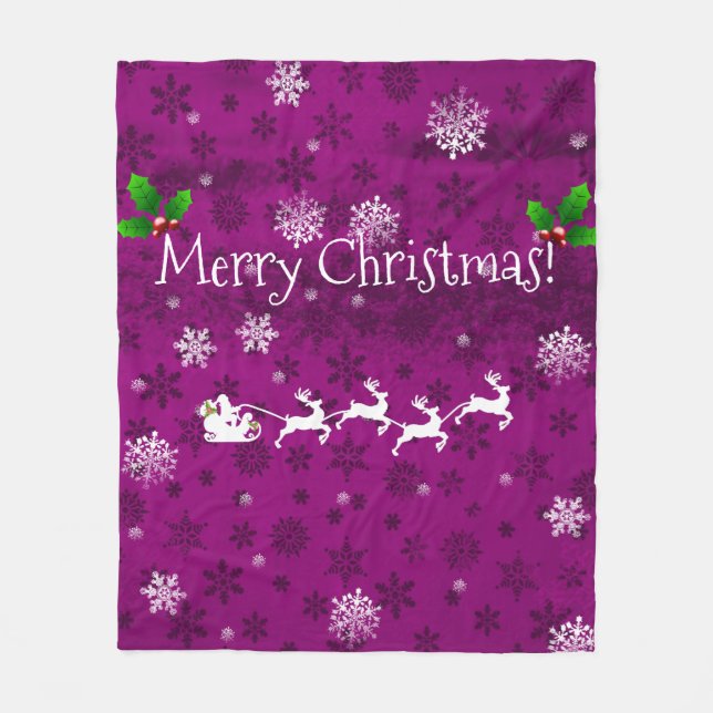 Magenta Santa's Sleigh and Reindeer Fleece Blanket (Front)