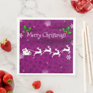 Magenta Santa's Sleigh and Reindeer Paper Napkin