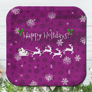Magenta Santa's Sleigh and Reindeer Paper Plate