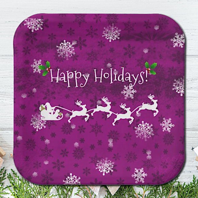 Magenta Santa's Sleigh and Reindeer Paper Plate (Magenta Santas Sleigh and Reindeer Christmas Paper Plates)
