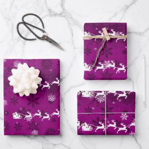 Magenta Santa's Sleigh and Reindeer Wrapping Paper