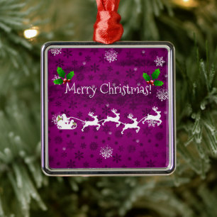 Magenta Santa's Sleigh & Reindeer Ceramic Ornament