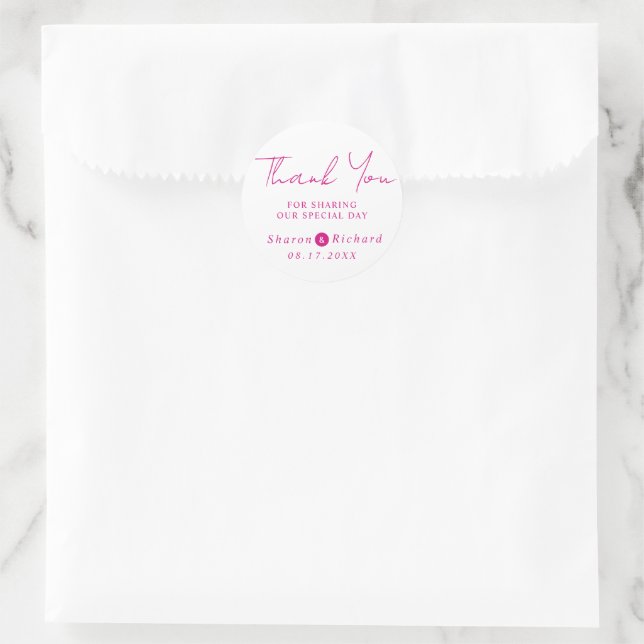 Magenta script calligraphy Thank You wedding Classic Round Sticker (Bag)