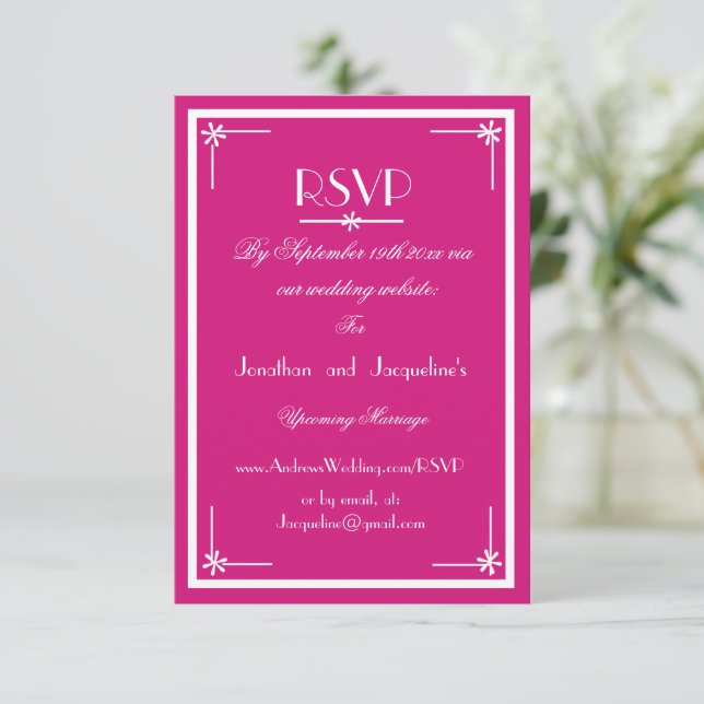 Magenta script email website Wedding RSVP Card  (Standing Front)
