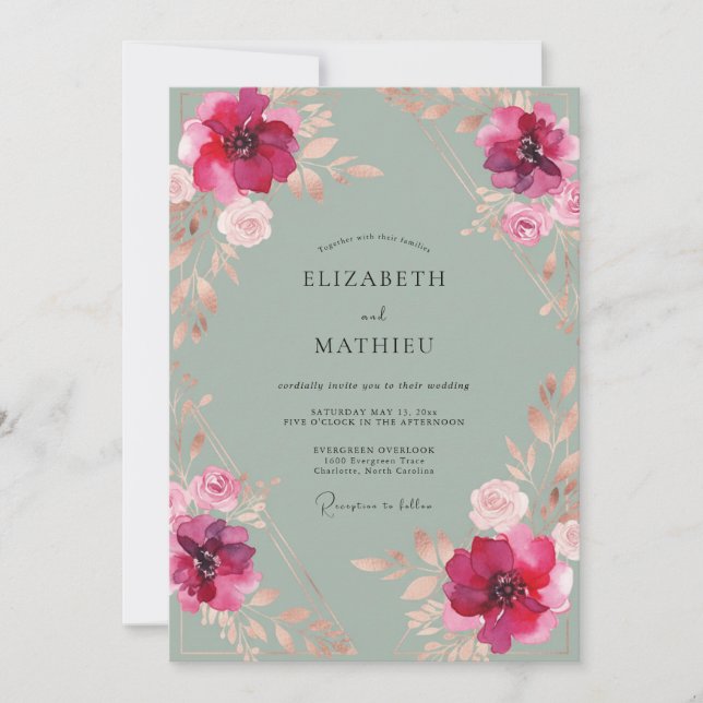Magenta Seafoam Petal Wedding Invitation (Front)