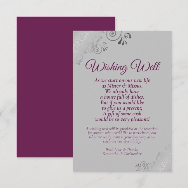 Magenta & Silver Grey Wedding Wishing Well Poem Enclosure Card (Front/Back)