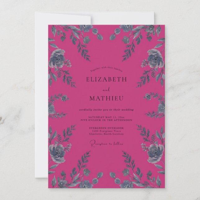 Magenta Silver Leaf Wedding Invitation (Front)