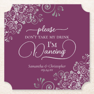 Magenta & Silver Posh Don't Take My Drink Wedding Paper Coaster