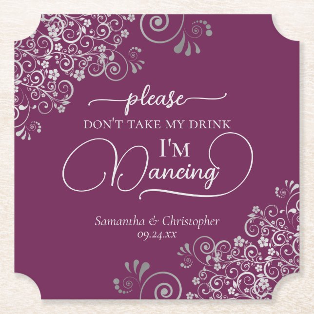 Magenta & Silver Posh Don't Take My Drink Wedding Paper Coaster (Front)