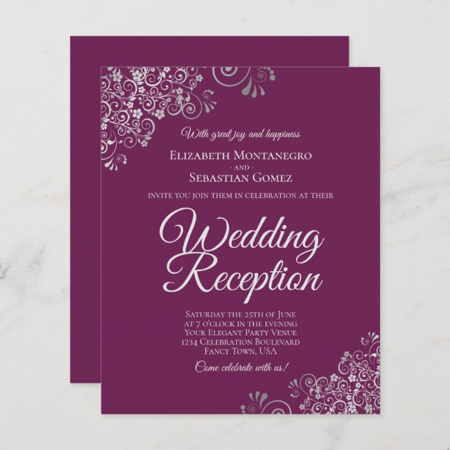 Magenta & Silver Wedding Reception BUDGET Invite (Front/Back)