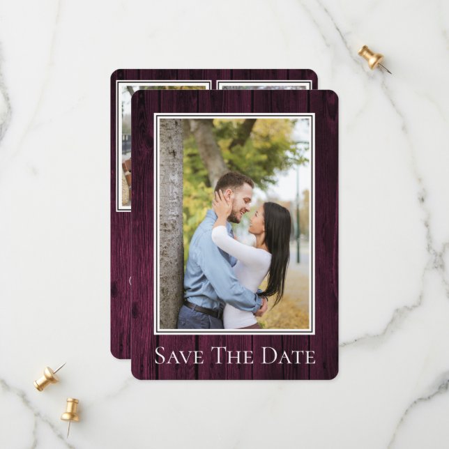 Magenta Simple Rustic Photo Save The Date (Front/Back In Situ)