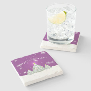 Magenta Snowy Christmas Tree Stone Coaster