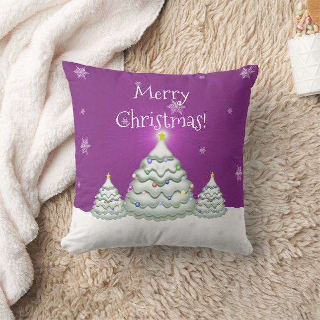 Magenta Snowy Christmas Tree Throw Pillow (Blanket)