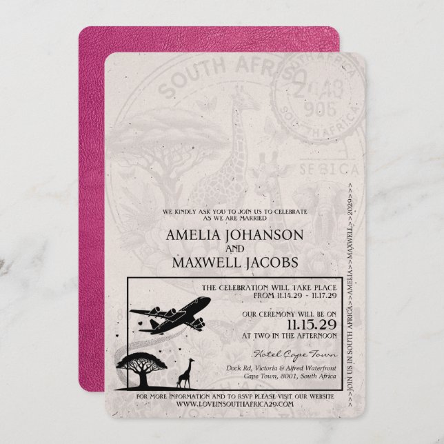 Magenta South Africa Passport Wedding Invitation (Front/Back)