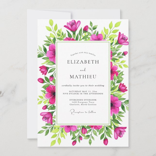 Magenta Spirited Botanical Wedding Invitation (Front)