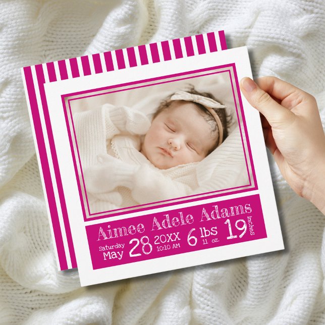 Magenta Stripes Baby Photo Birth Stats Announcement (Creator Uploaded)