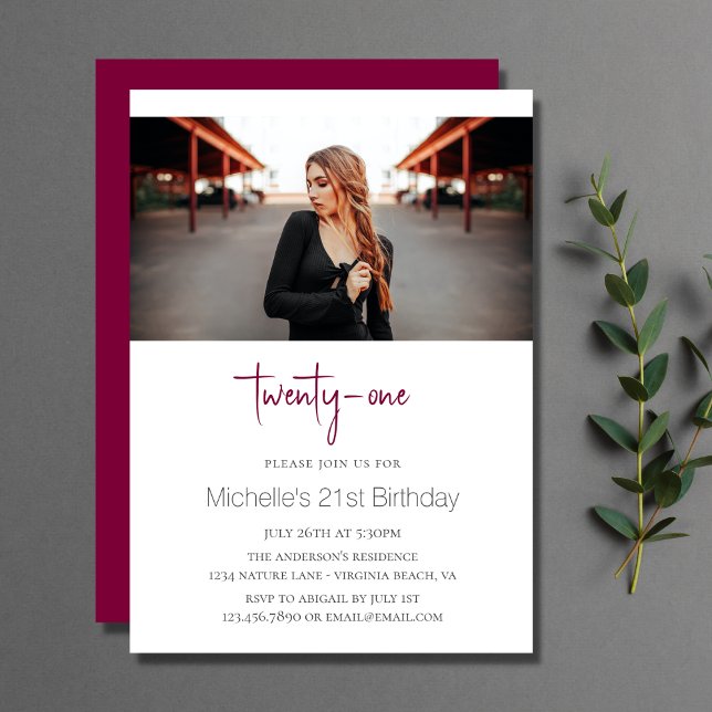Magenta Stylish Modern Photo 21st Birthday Invitation (Creator Uploaded)