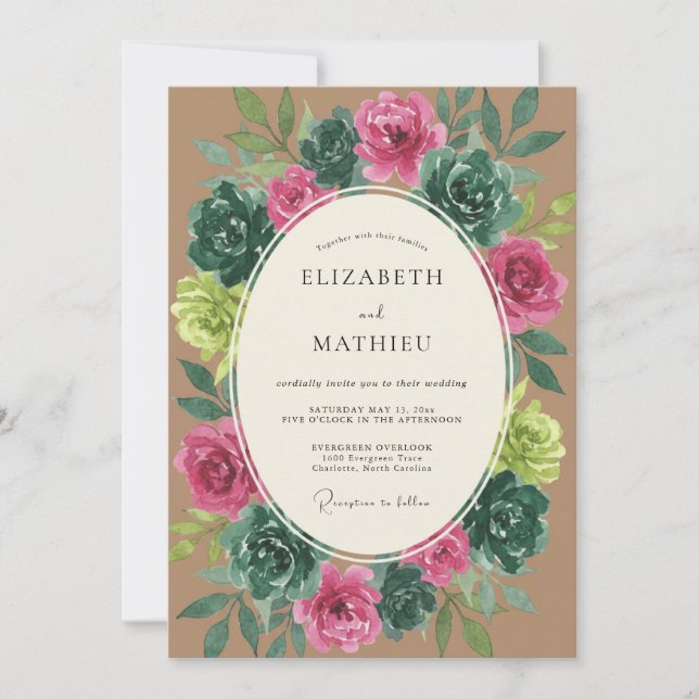 Magenta Teal Botanical Wedding Invitation (Front)