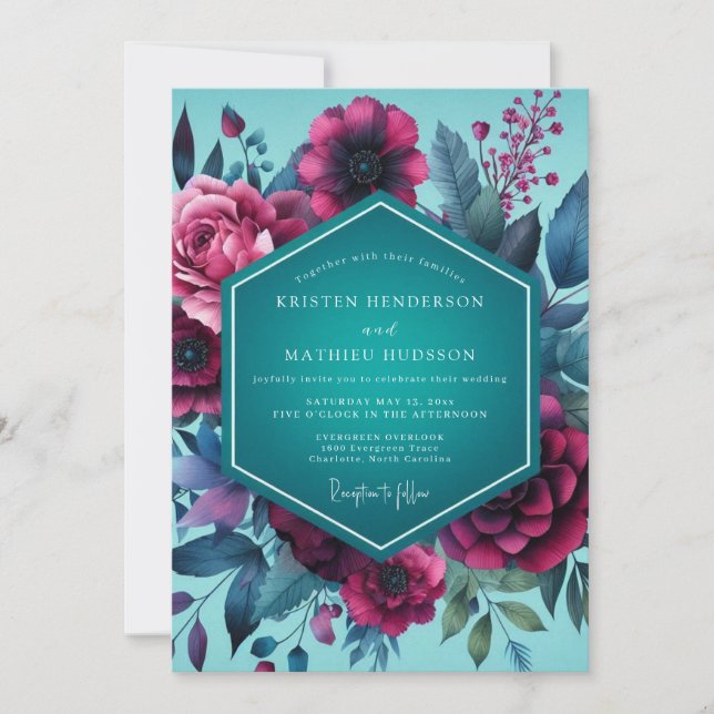 Magenta Teal Gloaming Wedding Invitation (Front)