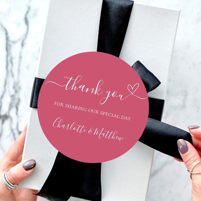 Magenta thank you heart wedding classic round sticker (Creator Uploaded)