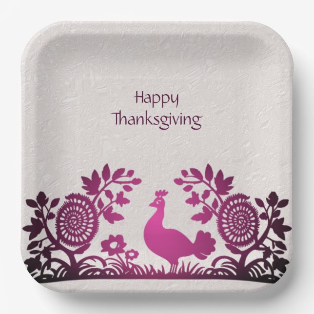Magenta Thanksgiving Turkey Floral Paper Plate (Front)