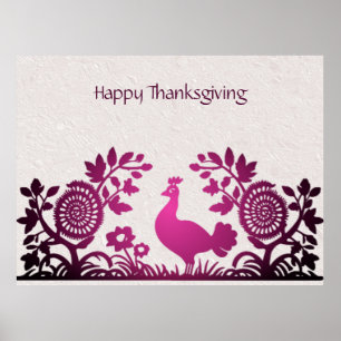Magenta Thanksgiving Turkey Floral Poster