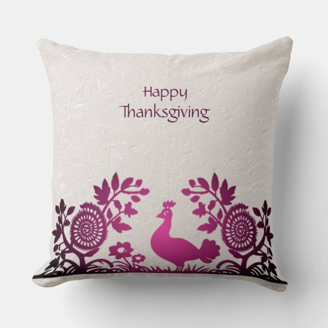 Magenta Thanksgiving Turkey Floral Throw Pillow (Front)