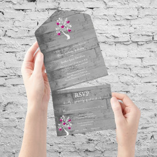 Magenta Tree of Hearts All in One Wedding Invite