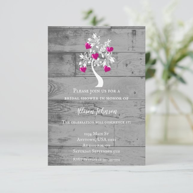 Magenta Tree of Hearts Bridal Shower Invite (Standing Front)