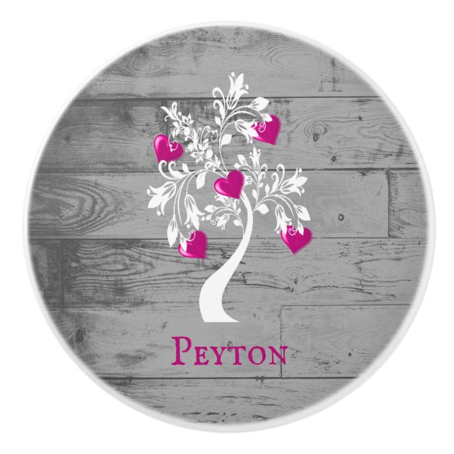 Magenta Tree of Hearts Personalised Ceramic Knob (Front)