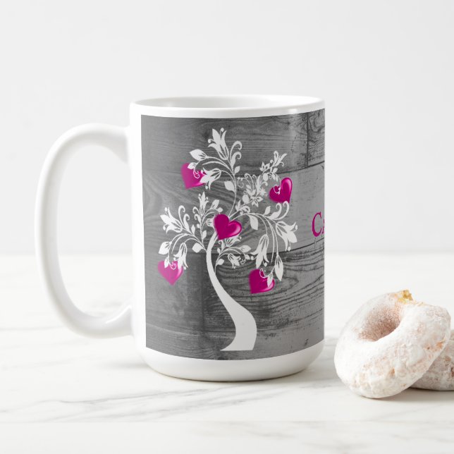 Magenta Tree of Hearts Personalised Coffee Mug (With Donut)