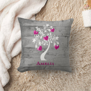 Magenta Tree of Hearts Personalised Throw Pillow