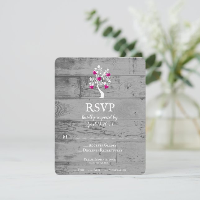 Magenta Tree of Hearts Wedding RSVP Card (Standing Front)