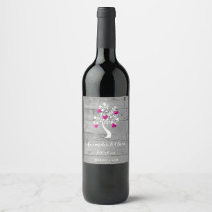 Magenta Tree of Hearts Wedding Wine Label