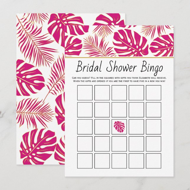 Magenta tropical leaves bridal bingo game card (Front/Back)
