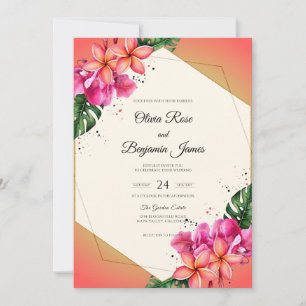 Magenta Tropical Plumeria Eucalyptus Wedding Invitation