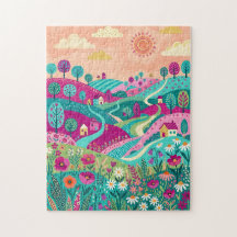 Magenta Turquoise Hill Meadow Puzzle