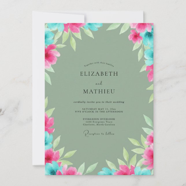 Magenta Turquoise Leafy Wedding Invitation (Front)