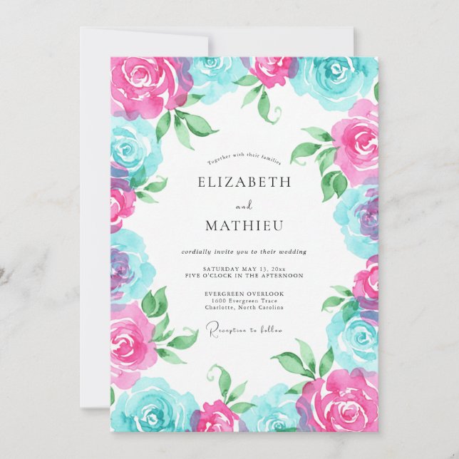 Magenta Turquoise Wreath Wedding Invitation (Front)