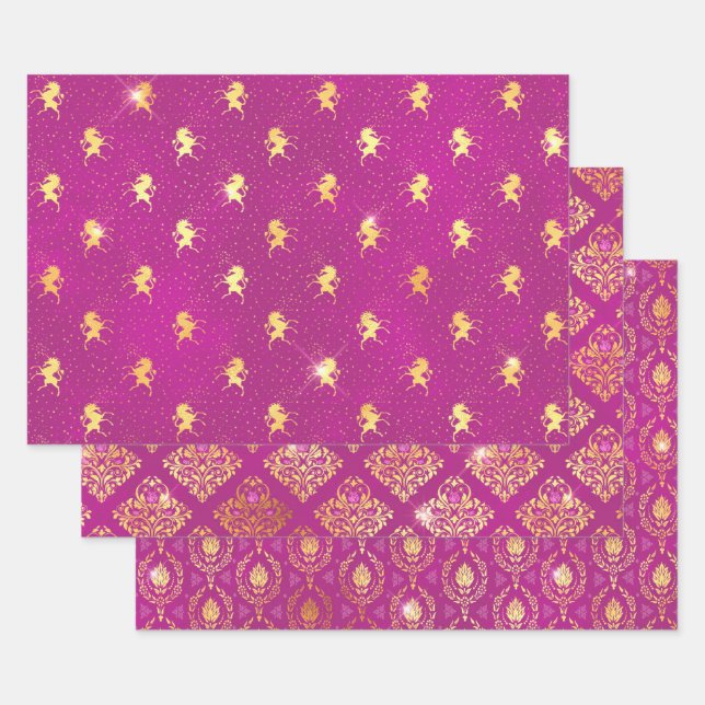 Magenta Unicorn & Gold Damask Pattern Wrapping Paper Sheet (Set)