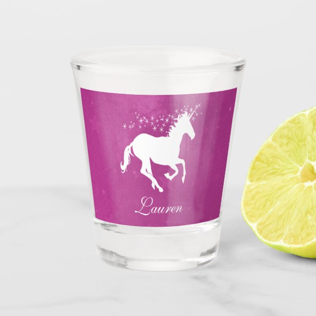 Magenta Unicorn Personalised Shot glass (Front)