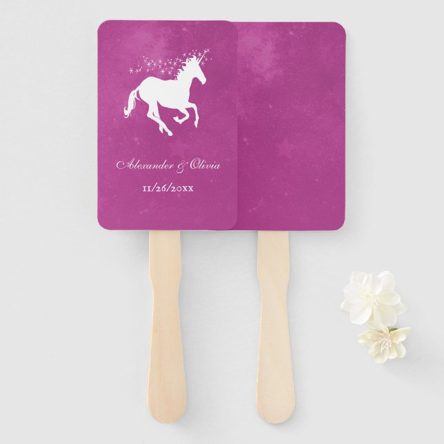 Magenta Unicorn Wedding Favour Hand Fan (Front and Back)