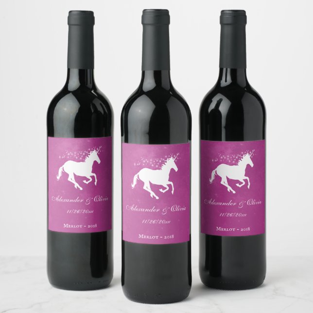 Magenta Unicorn Wedding Wine Label (Bottles)