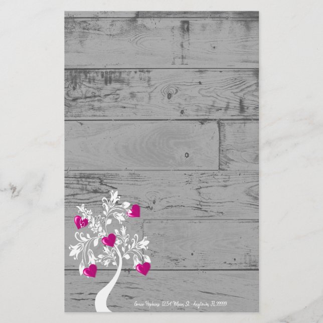 Magenta Valentine Hearts Tree Personalised Stationery (Front)