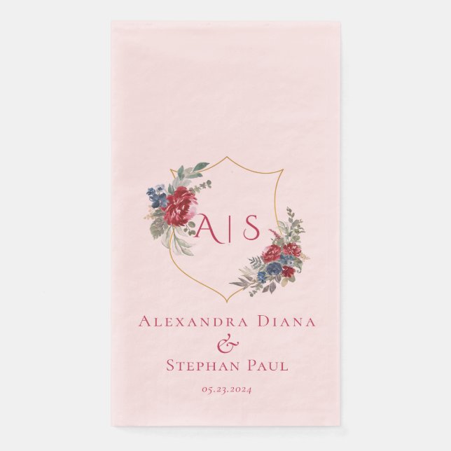 Magenta Vintage Botanical Floral Crest Monogram Napkin (Front)