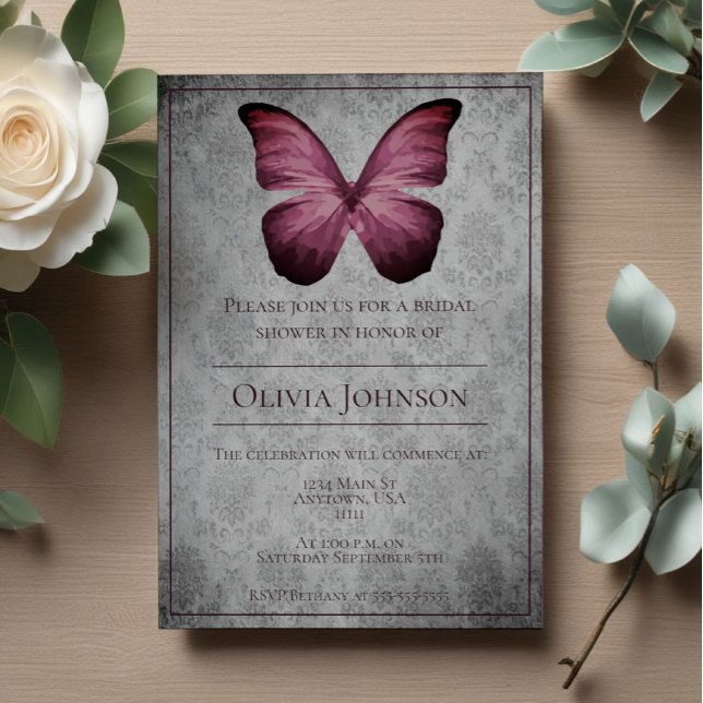 Magenta Vintage Butterfly Damask Bridal Shower Invitation (Magenta Vintage Butterfly Damask Bridal Shower Invitation)