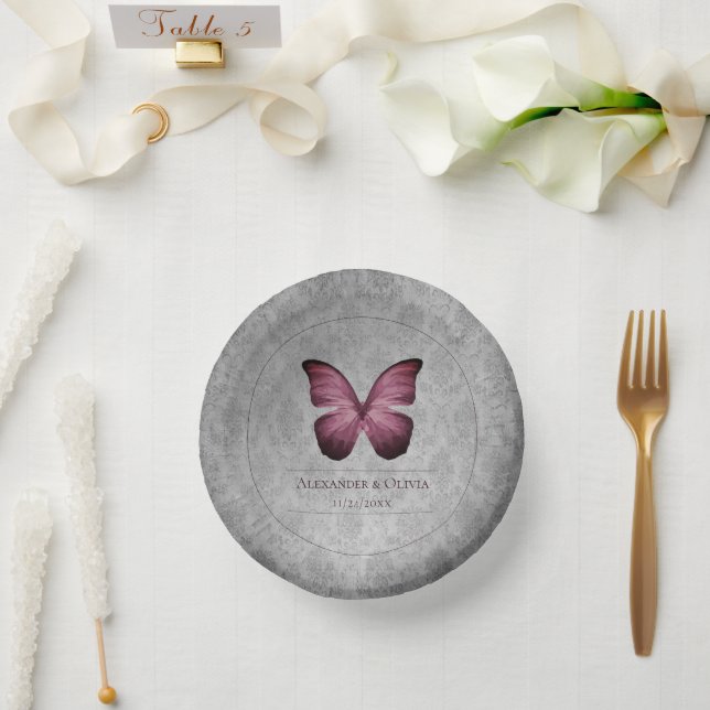 Magenta Vintage Butterfly Damask Wedding Paper Plate (Wedding)