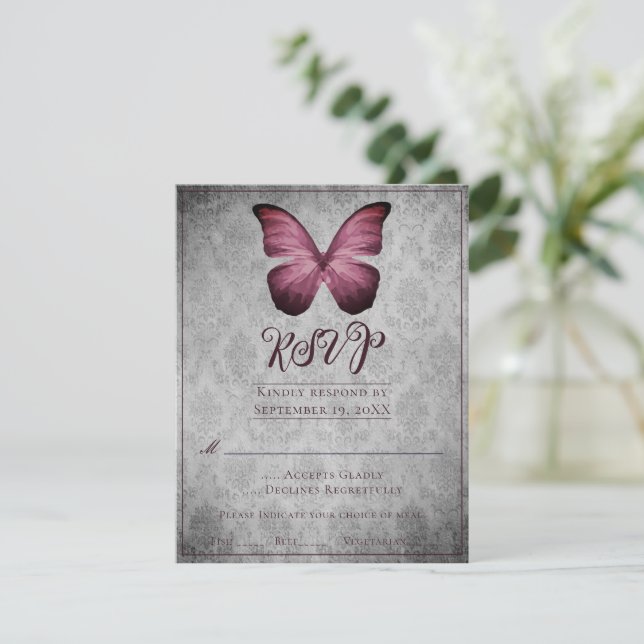 Magenta Vintage Butterfly Damask Wedding RSVP (Standing Front)
